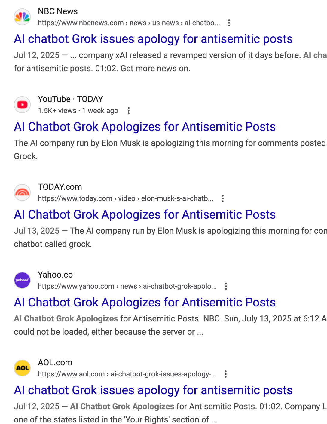 A screenshot of Google search results that contains multiple news articles with the headline "AI chatbot Grok issues apology for antisemitic posts". 